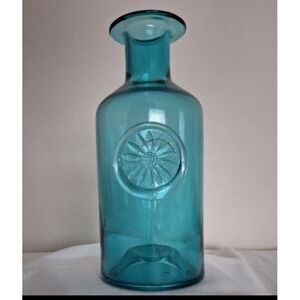 MCM Dartington Art Glass Teal Blue Daisy Medallion Vase 9.75" Hand Blown Sea EUC